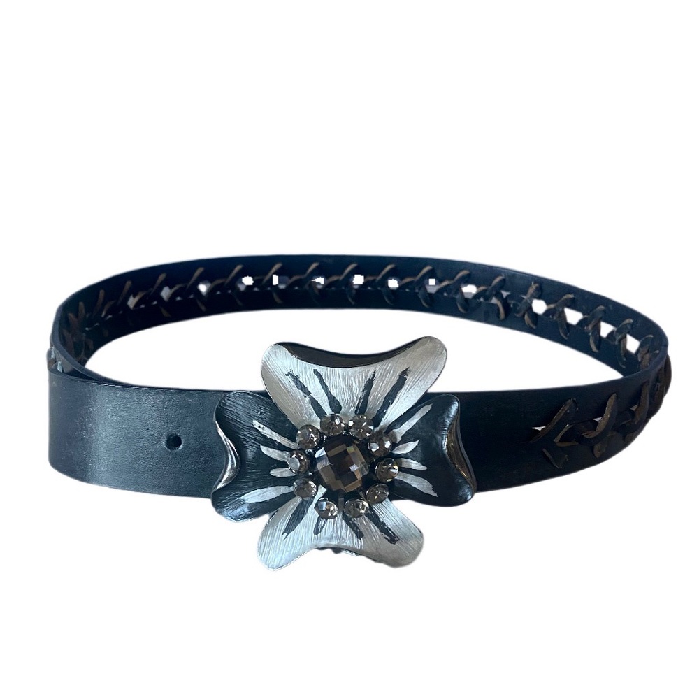 Vintage Black Woven Leather Floral Buckle Belt